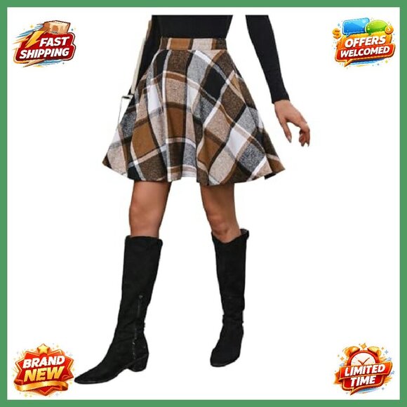 Polyester Plaid Flared Skater Skirt High Waisted Work Office Wear - Picture 2 of 7
